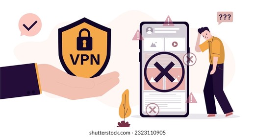 Unhappy user with insecure and blocked internet. Seller hand give VPN app to protect personal data and surfing in web on smartphone. App for secure connection, data encryption. Virtual private network