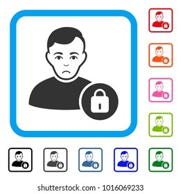 Unhappy User Lock vector pictograph. Person face has affliction sentiment. Black, gray, green, blue, red, orange color variants of user lock symbol in a rounded frame.