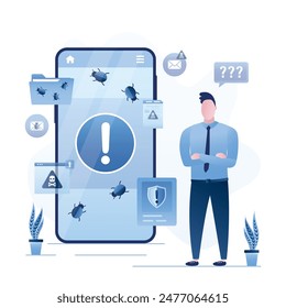 Unhappy user man. Hacker attack smartphone, scam, spam. Report about bugs. Customer complaints about errors. Cybercrime, malware. Problems of bugs or viruses in mobile operating system or software.