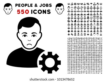 Unhappy User Options Gear icon with 550 bonus pity and glad men pictograms. Vector illustration style is flat black iconic symbols.