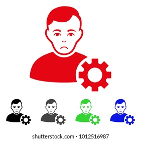 Unhappy User Options Gear vector pictogram. Vector illustration style is a flat iconic user options gear symbol with grey, black, blue, red, green color variants. Face has unhappy feeling.