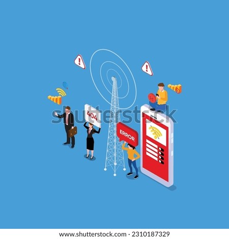 Unhappy users without internet connection, wifi unavailable isometric 3d vector illustration concept for banner, website, illustration, landing page, flyer, etc.