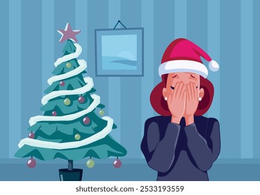 
Unhappy Vector Woman Feeling Desperate During Winter Holidays. Depressed lady in tears having an emotional moment on holidays 
