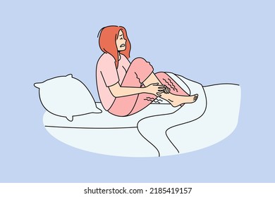 Unhappy Woman In Bed At Night Suffer From Restless Leg Syndrome. Unhealthy Female Struggle With Cramp. Healthcare Concept. Vector Illustration. 