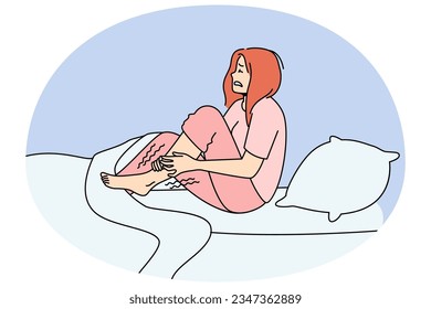 Unhappy woman in bed at night suffer from restless leg syndrome. Unhealthy female struggle with cramp. Healthcare concept. Vector illustration.