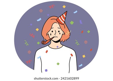 Unhappy woman in birthday hat blow in whistle celebrate anniversary alone. Upset girl feel lonely and abandoned at party celebration. Vector illustration.