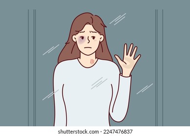 Unhappy woman with black eye looks in mirror or out window. Girl suffers after getting bruise from domestic violence and needs help and support of friends or psychotherapist. Flat vector image