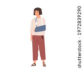 Unhappy woman with broken hand in gypsum. Sad patient with arm injury during recovery. Person with orthopedic trauma sling after accident. Colored flat vector illustration isolated on white background