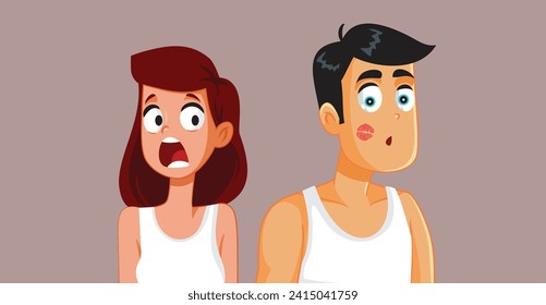 
Unhappy Woman Catching her Boyfriend Cheating Vector Cartoon Illustration. Angry girlfriend finding out about partner infidelity with a secret mistress 
