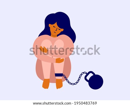 Unhappy woman chained with weight sitting hugging her knees. Burden of responsibility, debt, guilt concept. Gravity of fear, self reproach. Mental disorder, anxiety. Depressed girl vector illustration Stock photo © 