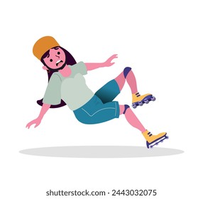 Unhappy woman character slides skating, her face contorted with dismay, cartoon people vector illustration