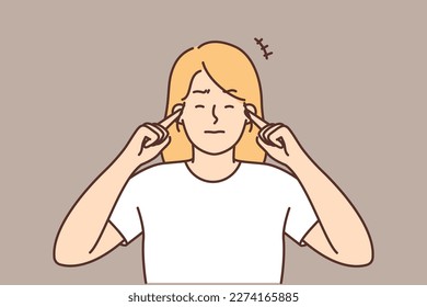 Unhappy woman close ears suffer from loud noise. Upset girl feel distressed hearing noisy sound. Vector illustration. 