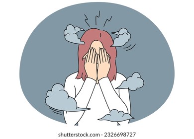 Unhappy woman covering face with hands feeling dizzy and anxious suffer from mental problems. Upset girl struggle with burnout or depression. Healthcare. Vector illustration.