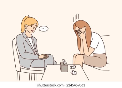 Unhappy woman cry at session with psychotherapist. Upset girl feel depressed at talk with psychologist. Psychotherapy and mental problems. Vector illustration. 