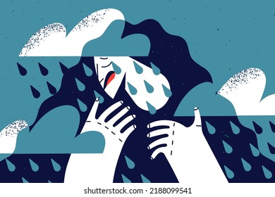 Unhappy woman crying suffer from depression or anxiety. Upset girl struggle with mental or psychological problems. Vector illustration. 