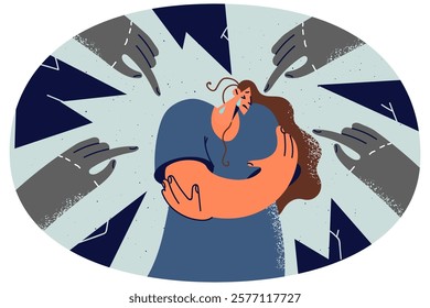 Unhappy woman crying suffer from fingers pointing at her. Upset girl struggle with bullying or harassment. Psychological or social problems. Vector illustration.