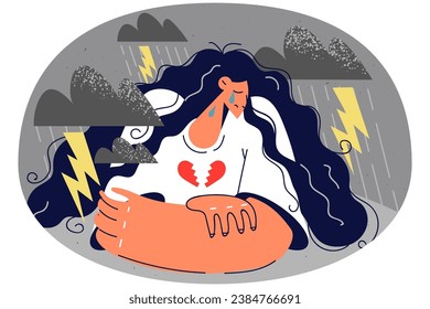 Unhappy woman crying suffering from broken heart. Upset girl struggle with separation or breakup. Relationships end concept. Vector illustration.