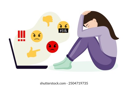 The unhappy woman is depressed. The concept of cyberbullying, the bad influence of the Internet. The victim of online bullying is sitting in front of a laptop, covering his face with his hands.
