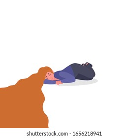 Unhappy Woman in depression.  Fatigue syndrome, PTSD, sorrow, sadness, mental disorder, illness. Psychological support, help, psychotherapy. Vector illustration for web banner, infographics, presentat