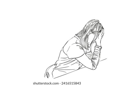 Unhappy woman in depression, hand drawn vector illustration, female covered her face with her hands and leaned her elbows on the table freehand line sketch