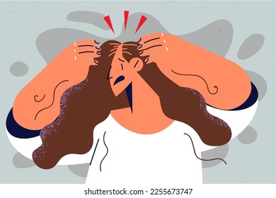 La mujer infeliz que sufre de pérdida de pelo necesita tratamiento. Niña malsana estresada con problemas de cabello, sufre de calvicie o alopecia. Ilustración vectorial. 