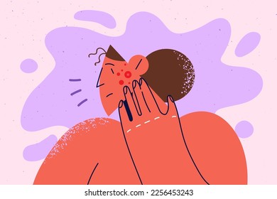 Mujer infeliz angustiada con granos en la cara. Niña molesta frustrada con puntos rojos o alergia en la mejilla. Dermatología y cuidado de la piel. Ilustración vectorial. 