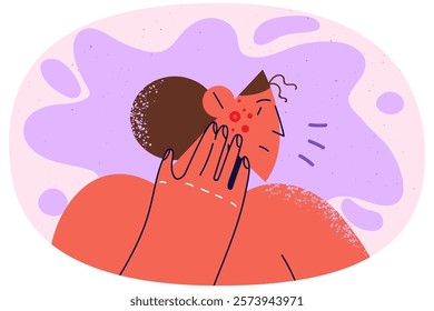 Unhappy woman distressed with pimples on face. Upset girl frustrated with red spots or allergy on cheek. Dermatology and skincare. Vector illustration.