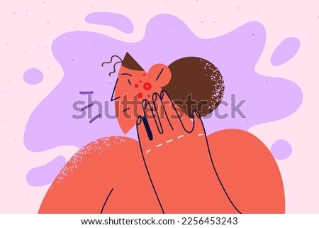 Unhappy woman distressed with pimples on face. Upset girl frustrated with red spots or allergy on cheek. Dermatology and skincare. Vector illustration. 