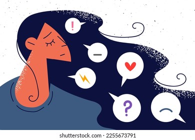 La mujer infeliz con emojis en el cabello sufre de cambios de humor. Las niñas disgustadas se sienten afligidas emocionalmente por problemas psicológicos o mentales. Ilustración vectorial. 