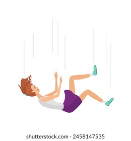 Unhappy woman falling down, female character flying air current vector illustration