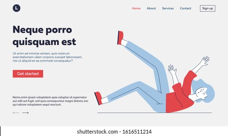 Unhappy woman falling on back. Clumsy lying slipping on wet floor flat vector illustration. Risk, injury, accident concept for banner, website design or landing web page
