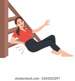 Unhappy woman falls from stairs touch back injury. Flat vector illustration isolated on white background