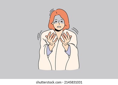 Unhappy woman feel anxious look at red hands suffer from sickness or illness. Upset female with blanket on shoulders have fingers frostbite struggle with cold weather. Vector illustration.