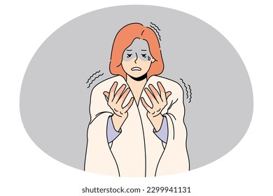 Unhappy woman feel anxious look at red hands suffer from sickness illness  Upset female and blanket shoulders have fingers frostbite struggle and cold weather  Vector illustration 