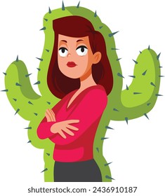 
Unhappy Woman Feeling Furious Resembling a Cactus Vector Cartoon Character. Frustrated girl feeling unhappy and displeased 
