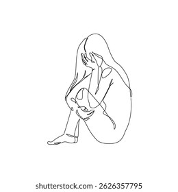 Unhappy woman feeling lonely, sad, Abstract depressed young girl silhouette suffering from anxiety. Mental health problem concept. Minimal one line drawing art. Continuous line vector illustration