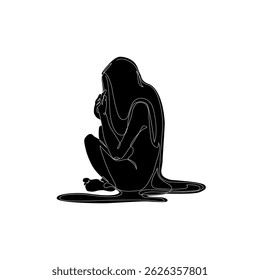 Unhappy woman feeling lonely, sad, Abstract depressed young girl silhouette suffering from anxiety. Mental health problem concept. Minimal one line drawing art. Continuous line vector illustration