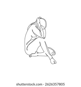 Unhappy woman feeling lonely, sad, Abstract depressed young girl silhouette suffering from anxiety. Mental health problem concept. Minimal one line drawing art. Continuous line vector illustration