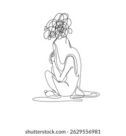 Unhappy woman feeling lonely, sad, Abstract depressed young girl silhouette suffering from anxiety. Mental health problem concept. Minimal one line drawing art. Continuous line vector illustration