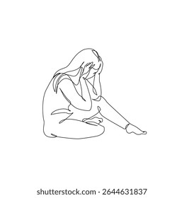 Unhappy woman feeling lonely, sad, Abstract depressed young girl silhouette suffering from anxiety. Mental health problem concept. Minimal one line drawing art. Continuous line vector illustration