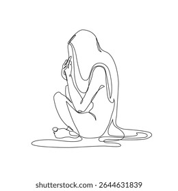 Unhappy woman feeling lonely, sad, Abstract depressed young girl silhouette suffering from anxiety. Mental health problem concept. Minimal one line drawing art. Continuous line vector illustration