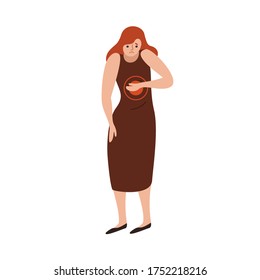 Unhappy woman feeling pain in chest vector flat illustration. Unwell female with painful face expression having disease of lungs or heart isolated on white. Sad lady gesturing sickness