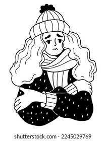 Unhappy woman freezing wearing and shivering. vector illustration. hand drawn doodle style. Winter season and suffering of low minus degrees temperature