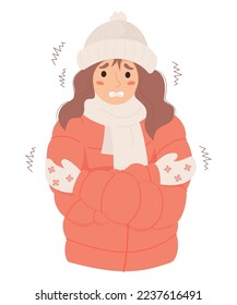 Unhappy woman freezing wearing winter clothes shivering. Cartoon vector Illustration