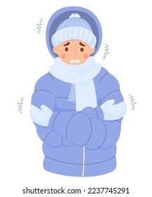 Unhappy woman freezing wearing winter clothes shivering. Cartoon vector Illustration