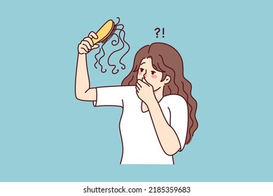Unhappy woman frustrated with hair loss. Upset female stressed with hair thinning need medical treatment or procedure. Vector illustration. 
