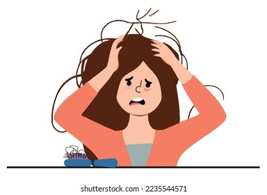 Unhappy woman frustrated with hair loss. Upset female stressed with hair thinning need medical treatment or procedure. Vector illustration.