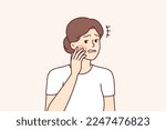 Unhappy woman gets frightened after seeing redness on face suffering from allergies. Perplexed girl with rash or pimples on skin experiencing anxiety and pain due to skin diseases. Flat vector design 