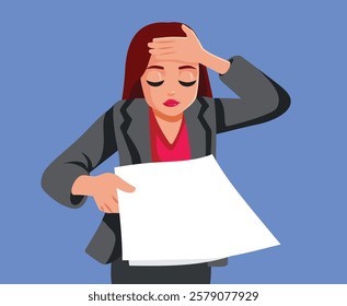 
Unhappy Woman Handing Over a Piece of paper Vector Business Illustration. Stressed businesswoman having memory problems 