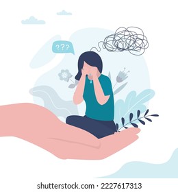 Unhappy woman has messy chaos in head. Mental problems. Big hand holds an upset and crying girl, psychological help. Support of psychotherapist, medical help. Healthy lifestyle. vector illustration